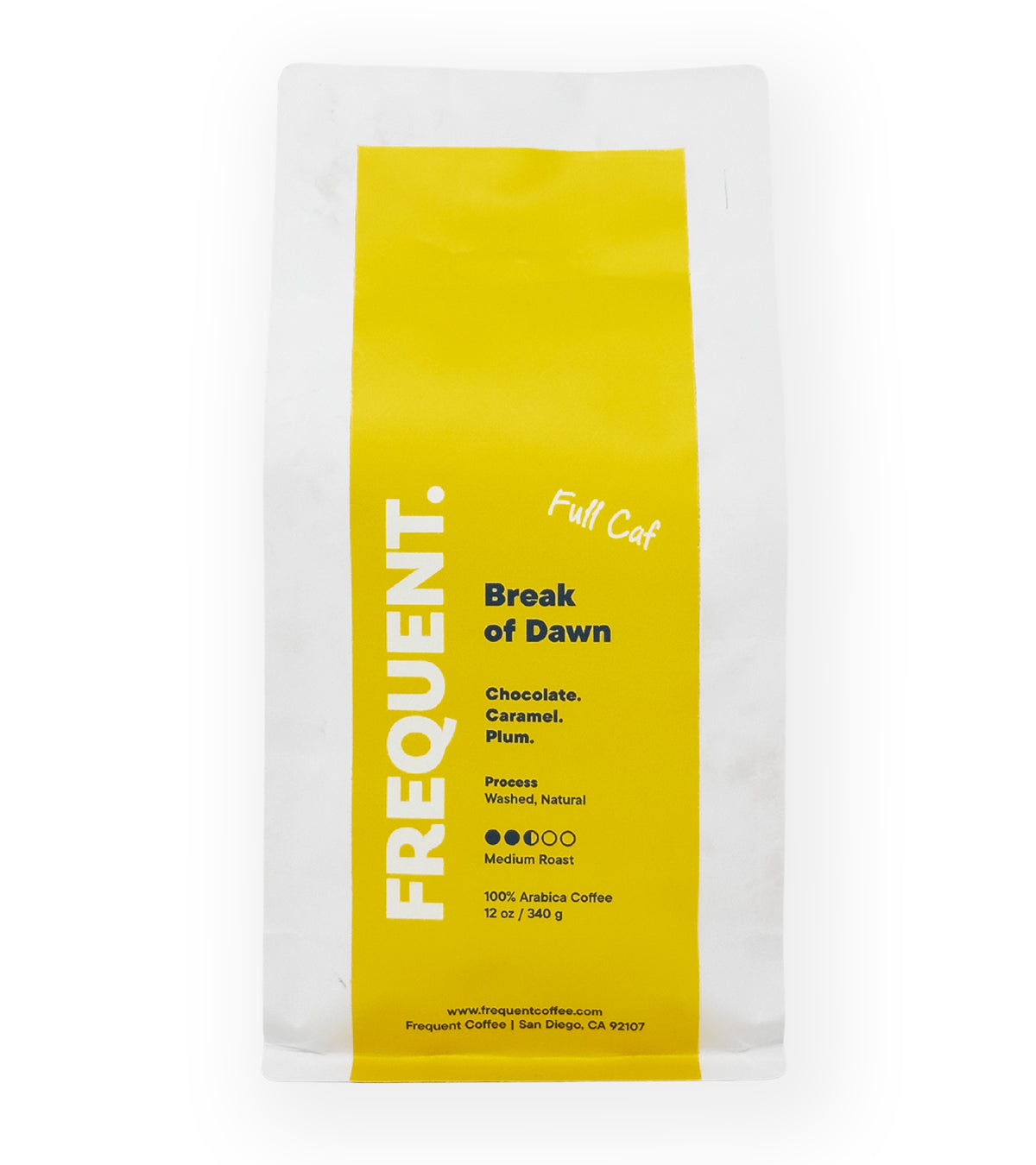 Bag of Break of Dawn full caf coffee from Frequent Coffee
