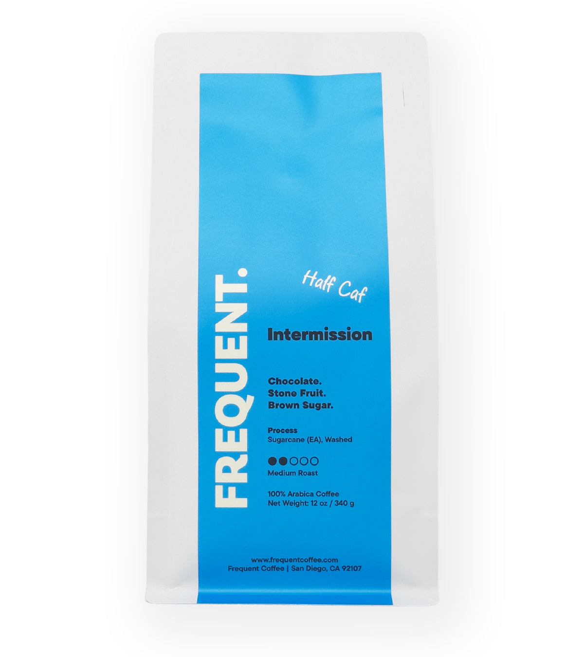 Coffee bag with Intermission half caf coffee from Frequent Coffee