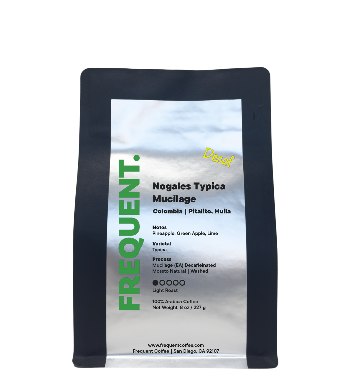 A bag of Los Nogales Typica Decaf from Frequent Coffee