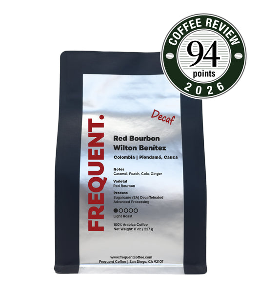 Coffee bag with 'Frequent' branding and a 94-point rating badge on a white background