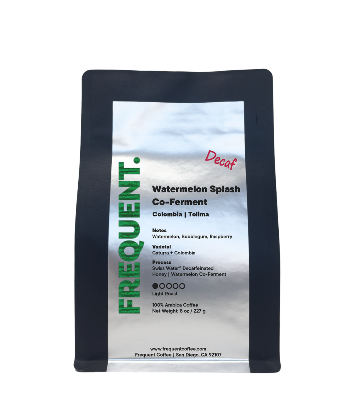 Frequent Coffee watermelon splash decaf coffee package on a white background