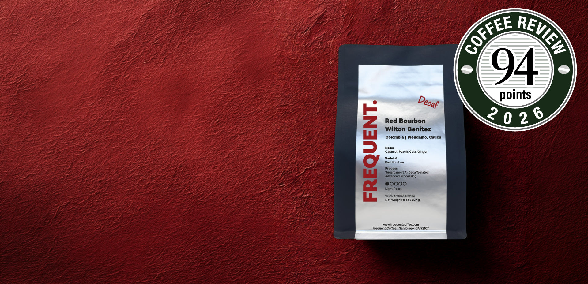 Coffee package with a 94-point rating on a red background