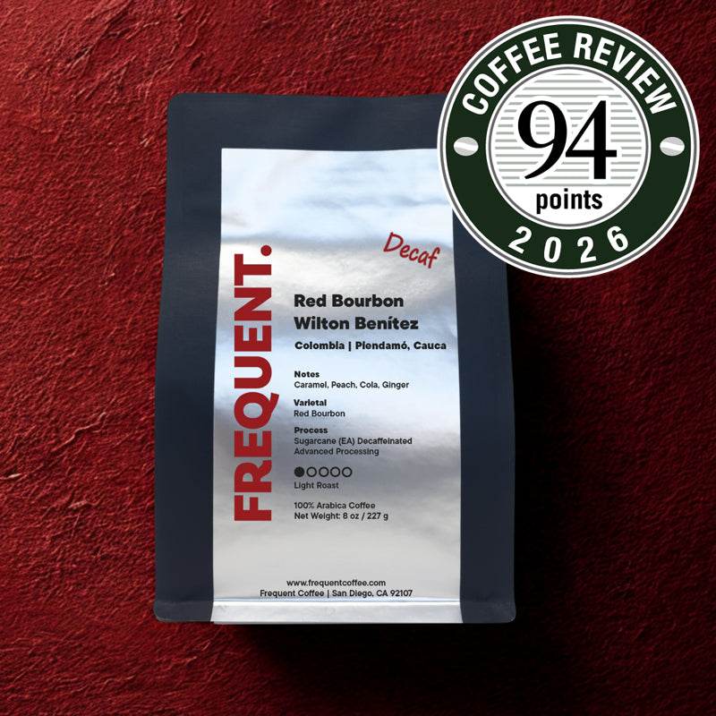 Frequent Coffee package with a 94-point Coffee Review 2026 label on a red background