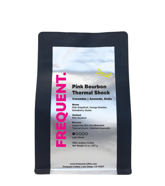 Frequent Coffee bag with pink bourbon thermal shock coffee details on a white background