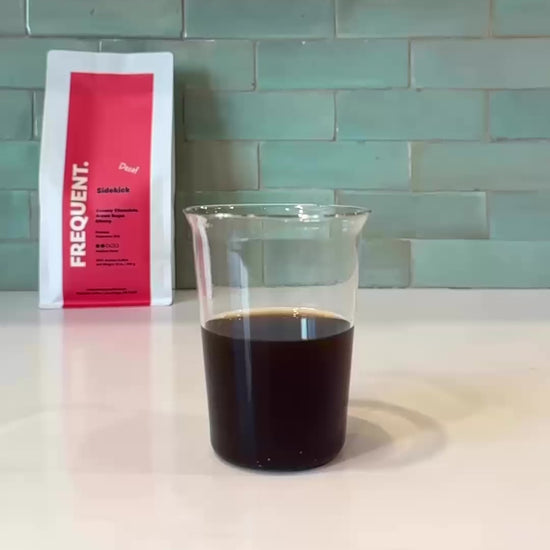 Chocolate, brown sugar, and cherries splashing into decaf coffee. 