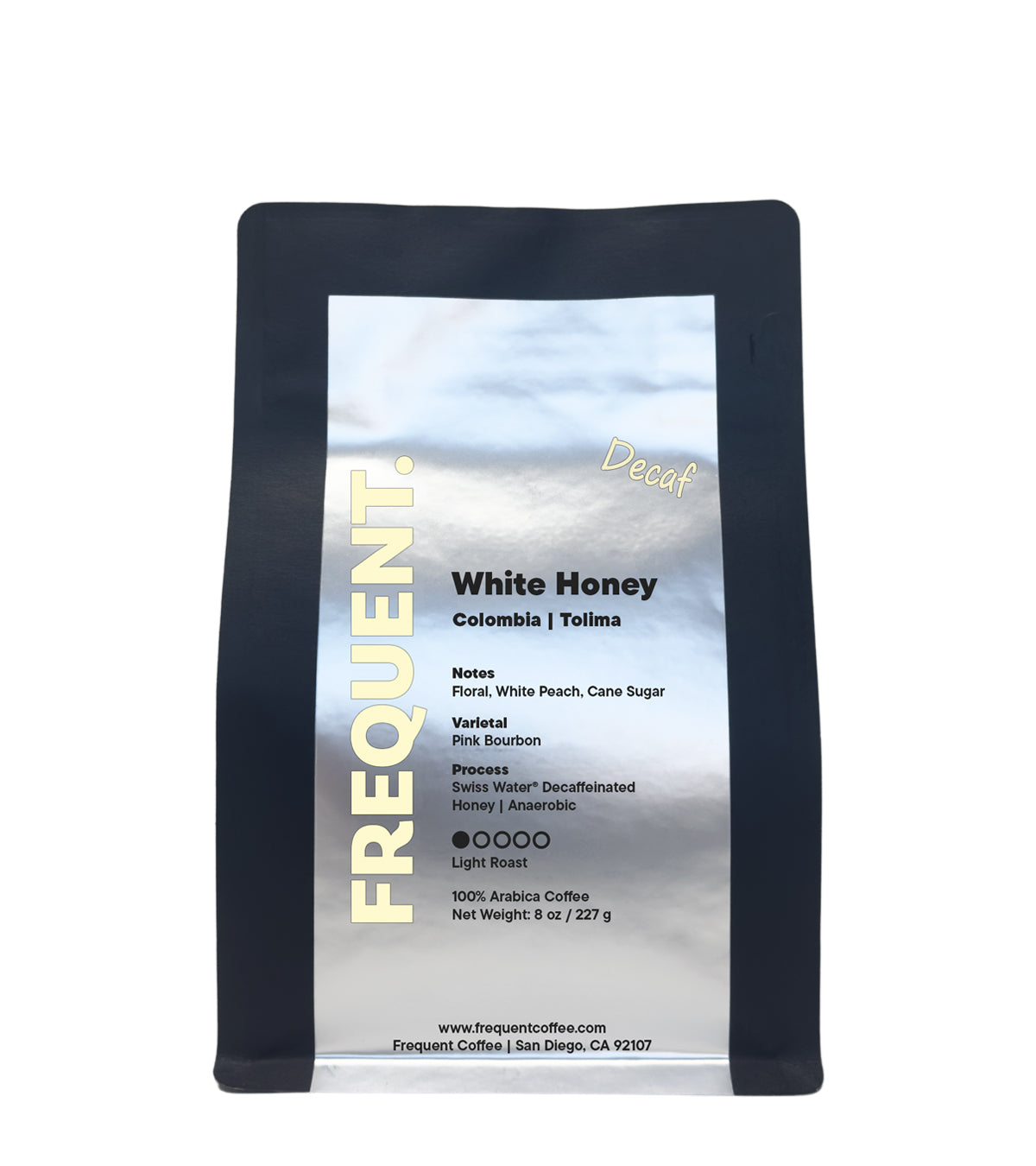 Frequent Coffee White Honey Colombia Tolima decaf coffee package on a white background