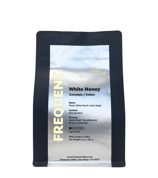 Frequent Coffee White Honey Colombia Tolima decaf coffee package on a white background